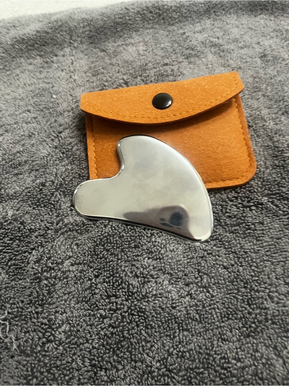 Polished Stainless Steel Gua Sha Facial Massage Tool with Tan Suede Pouch